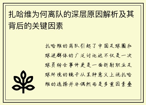 扎哈维为何离队的深层原因解析及其背后的关键因素